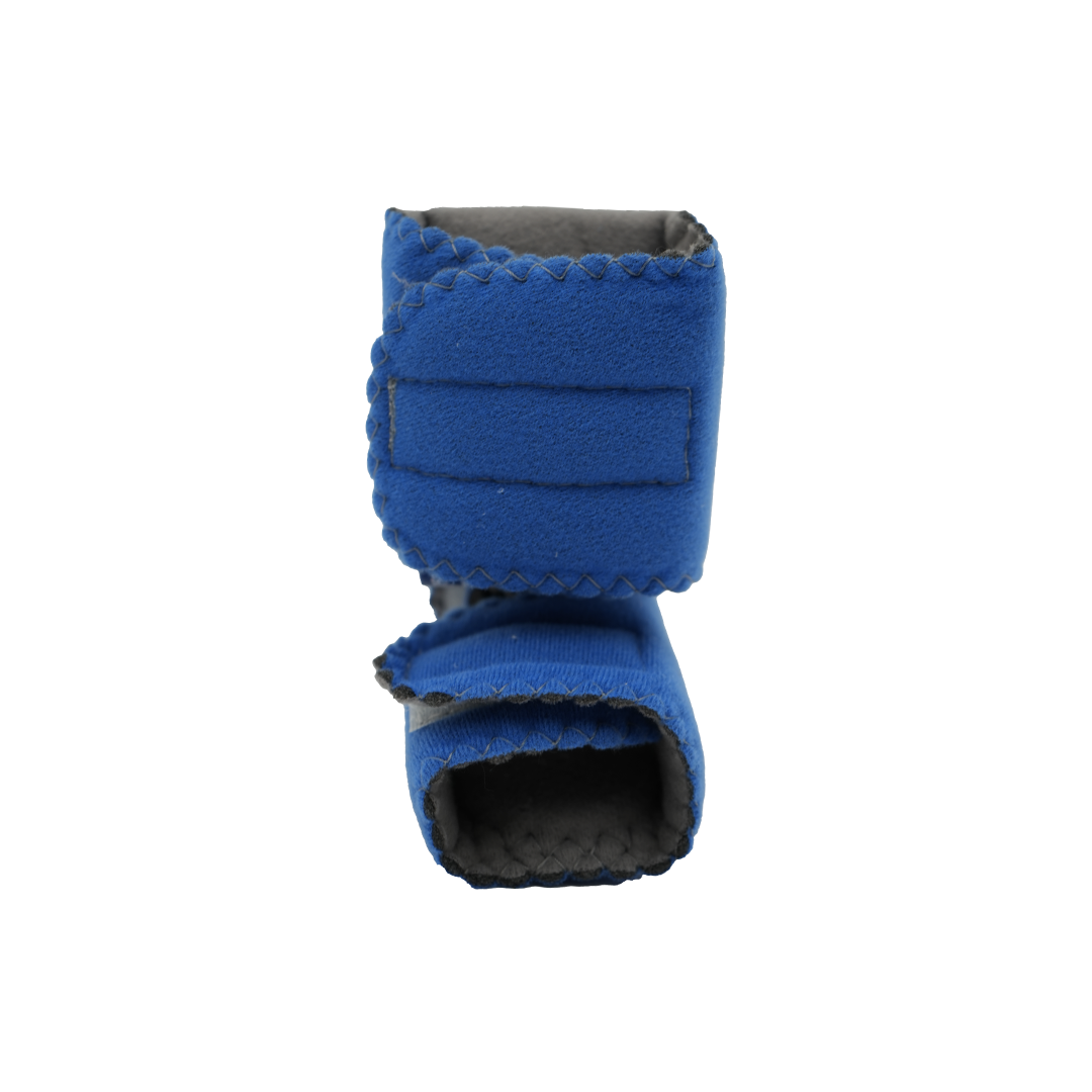 Blue baby foot orthosis brace with adjustable Velcro straps and soft inner padding, made in the USA, ideal for best.