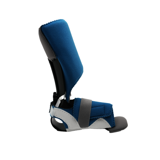 Blue and gray RCAI MPO 2000 orthopedic foot drop splint with padded calf support and adjustable straps, made in the USA, top .