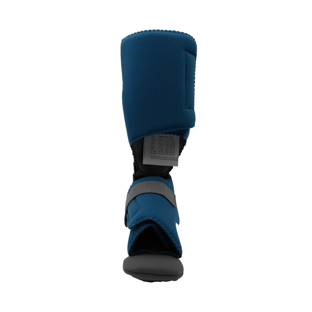 Blue orthopedic foot drop splint with padded calf and foot straps, sturdy sole, RCAI logo, made in the USA, best orthopedic.