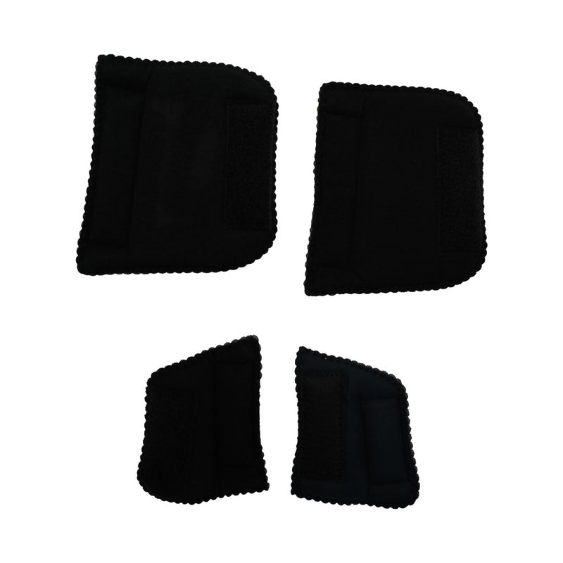 Four black fabric extender kit pieces in varying sizes, designed for orthopedic braces, made in the USA by RCAI for B2B.