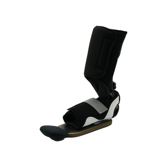 Black and white RCAI MPO 2000® orthopedic ambulatory foot and ankle brace, made in the USA, designed for optimal recovery,.