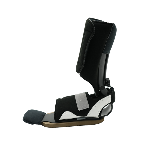 Black and white RCAI MPO 2000® ambulatory attachment orthopedic brace with padded calf support, made in the USA, best.