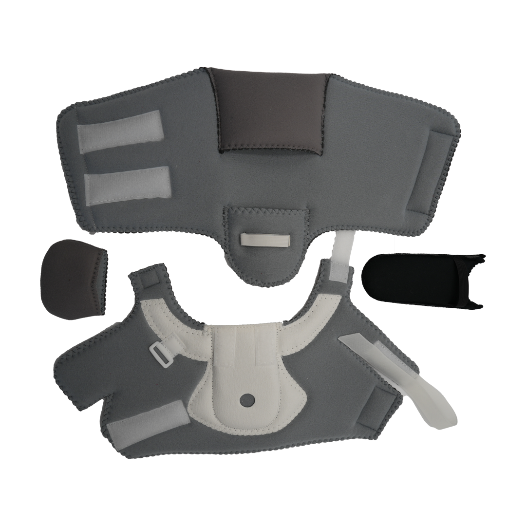 Gray and beige ankle foot orthosis accessory kit with multiple padded straps and Velcro closures, made in the USA, RCAI, B2B .