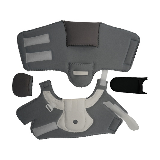 Gray and beige ankle foot orthosis accessory kit with multiple padded straps and Velcro closures, made in the USA, RCAI, B2B .