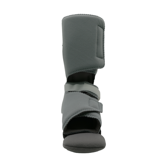 Gray RCAI ankle foot orthosis with adjustable Velcro straps and padded support, best orthopedic braces made in the USA, b2b.