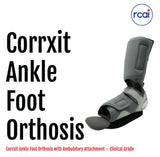 Corrxit Ankle Foot Orthosis in gray and black with adjustable straps and cushioned ambulatory attachment by RCAI, made in.