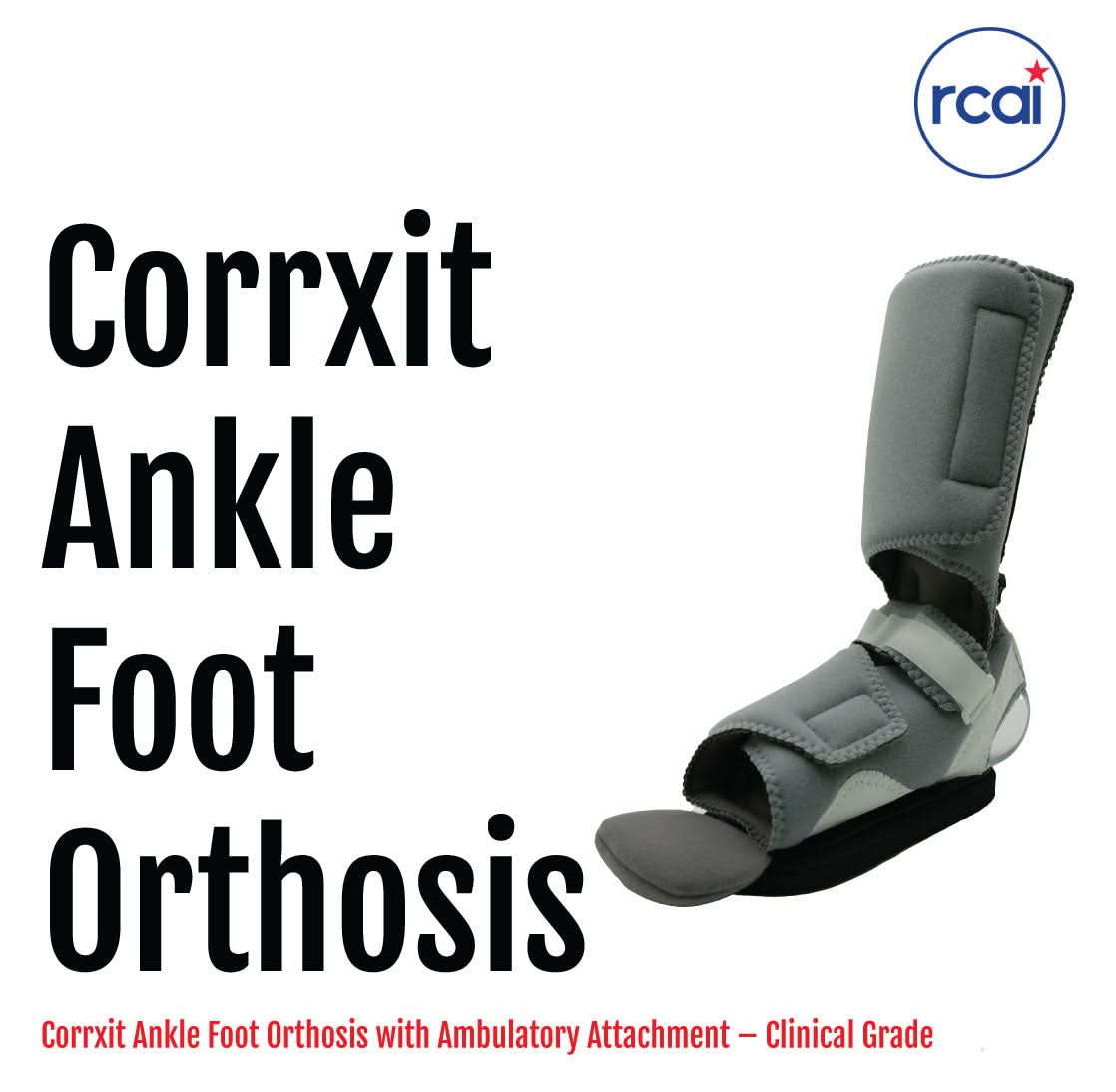 Corrxit Ankle Foot Orthosis in gray and black with adjustable straps and cushioned ambulatory attachment by RCAI, made in.