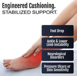 Bare leg with a red-highlighted ankle area wearing an RCAI Ankle Foot Orthosis (AFO) with ambulatory attachment, showcasing.