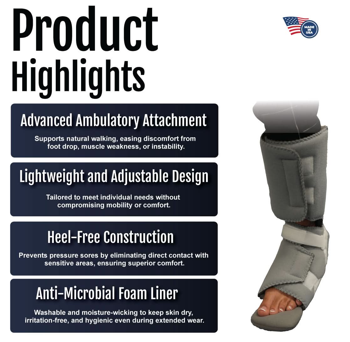 RCAI Ankle Foot Orthosis with adjustable ambulatory attachment, lightweight black brace, made in the USA, best orthopedic.