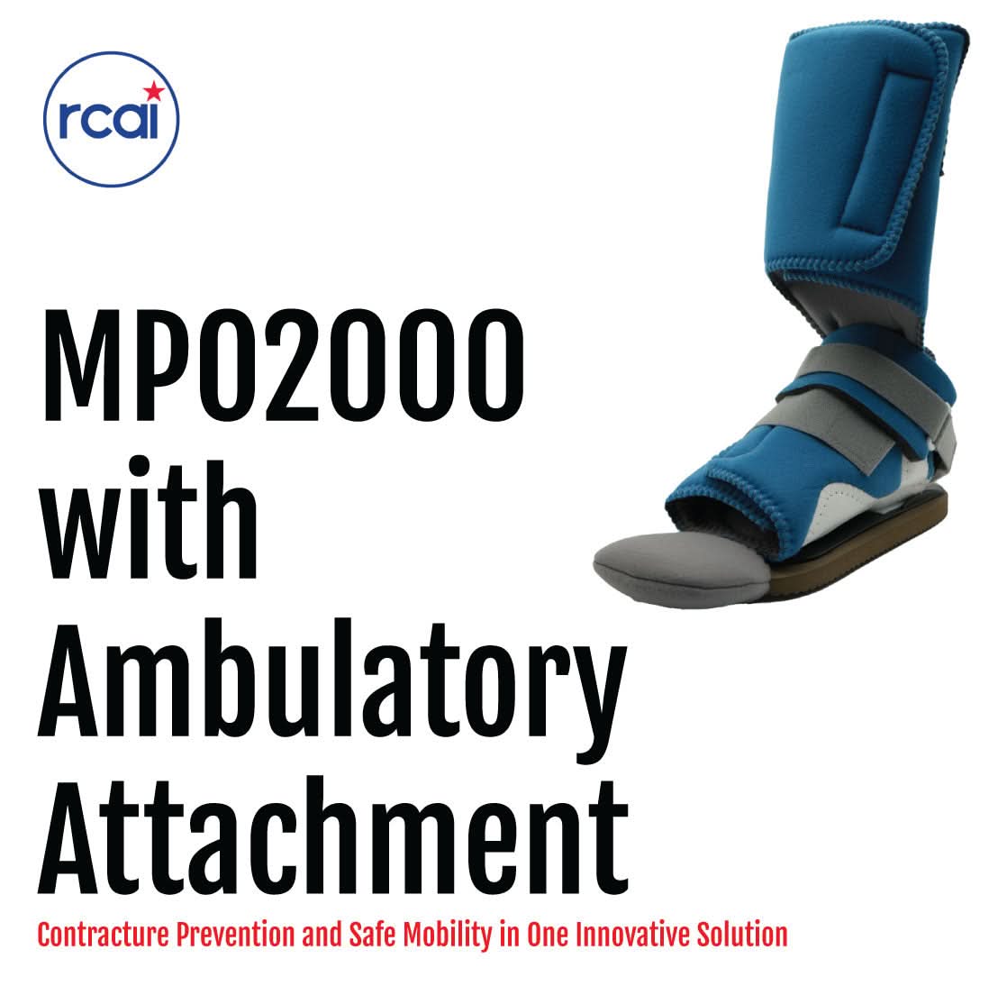 Blue MPO2000 orthopedic brace with adjustable straps and ambulatory attachment, made in the USA by RCAI, ideal for B2B.