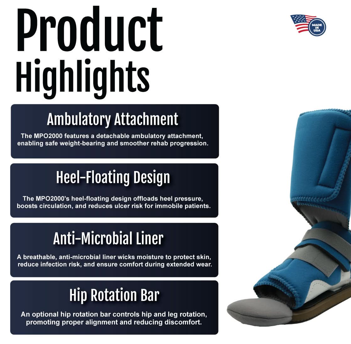 MPO2000 ambulatory attachment product highlights with Heat-Floating Design, Anti-Microbial Liner, and Hip Rotation Bar.