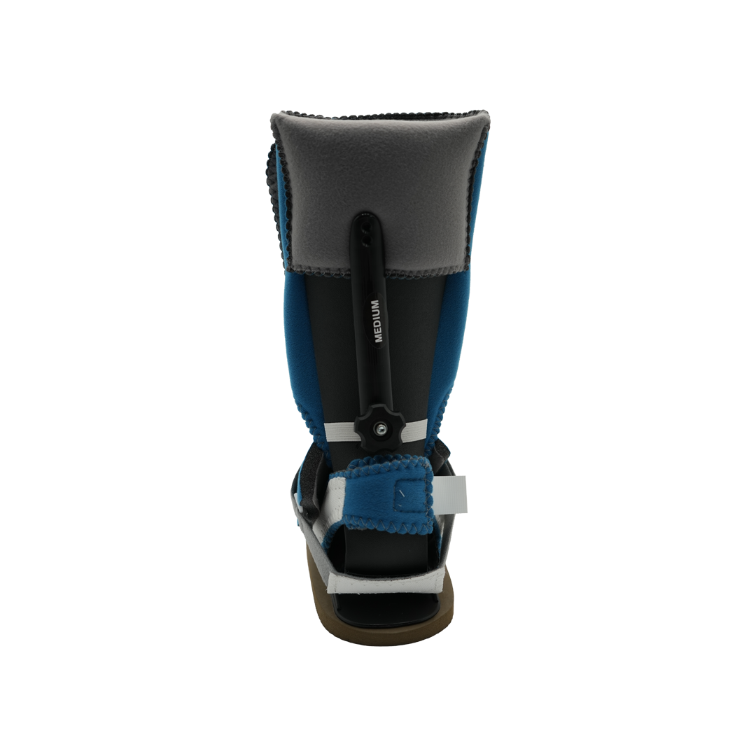 Blue and black MPO2000 ambulatory ankle brace with padded back, adjustable straps, and solid heel support, made in the USA,.