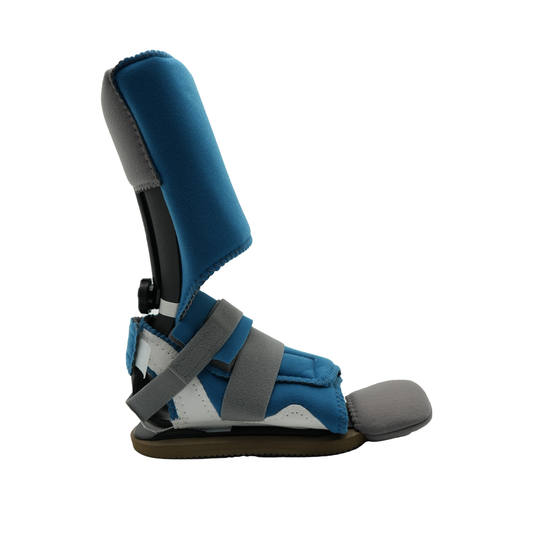 Blue and gray MPO2000 ambulatory orthopedic brace with adjustable straps and cushioned footplate, made in the USA, best.