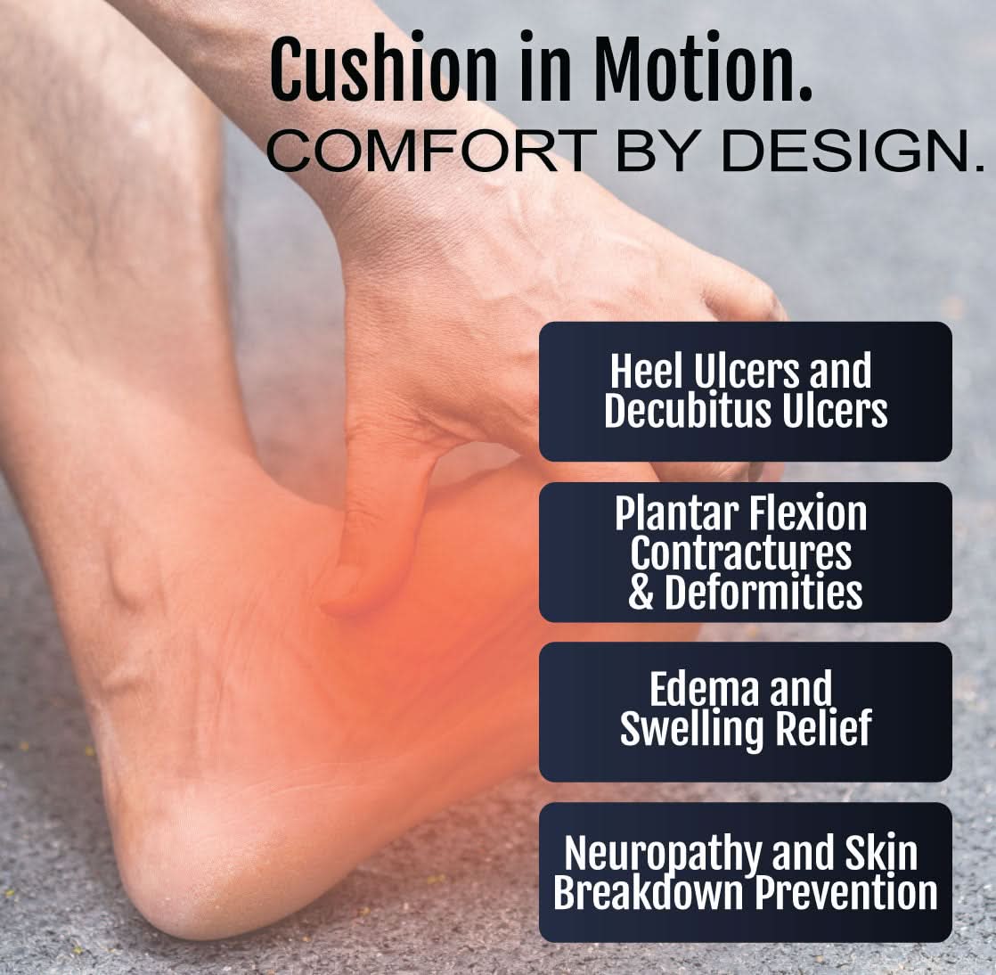 Close-up of heel with visible redness and swelling, highlighting conditions like heel ulcers, plantar flexion contractures,.