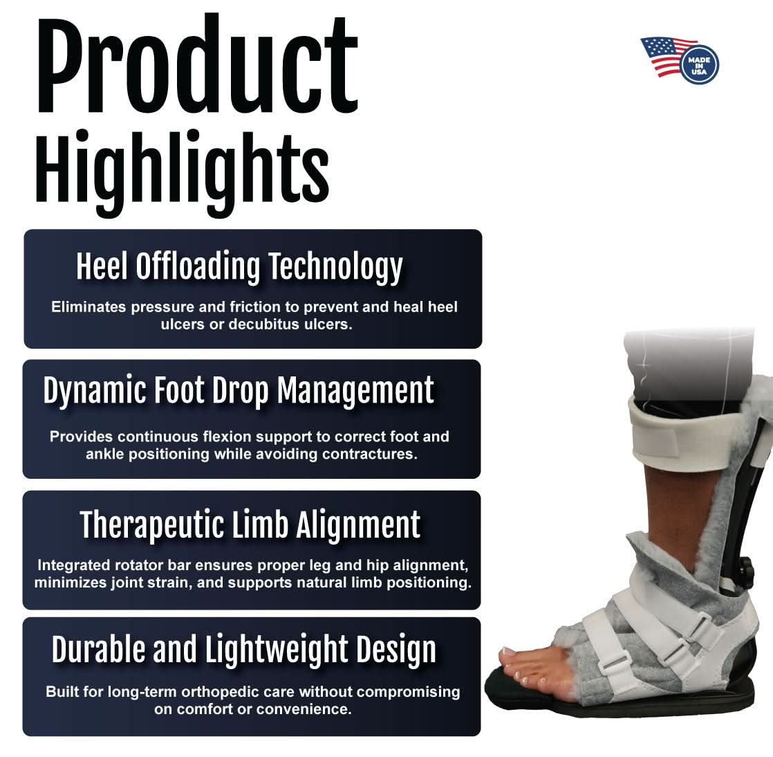 MPO Active with Ambulatory Attachment brace in white and black, featuring adjustable straps and rigid support panels, made.