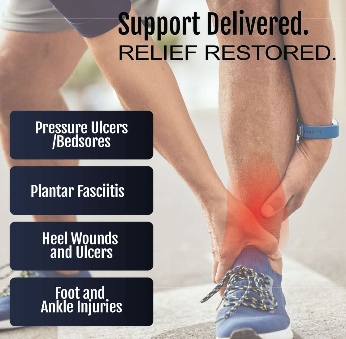 Pressure ulcers, plantar fasciitis, heel wounds, foot and ankle injuries, promoting made in the USA, RCAI, B2B orthopedics.