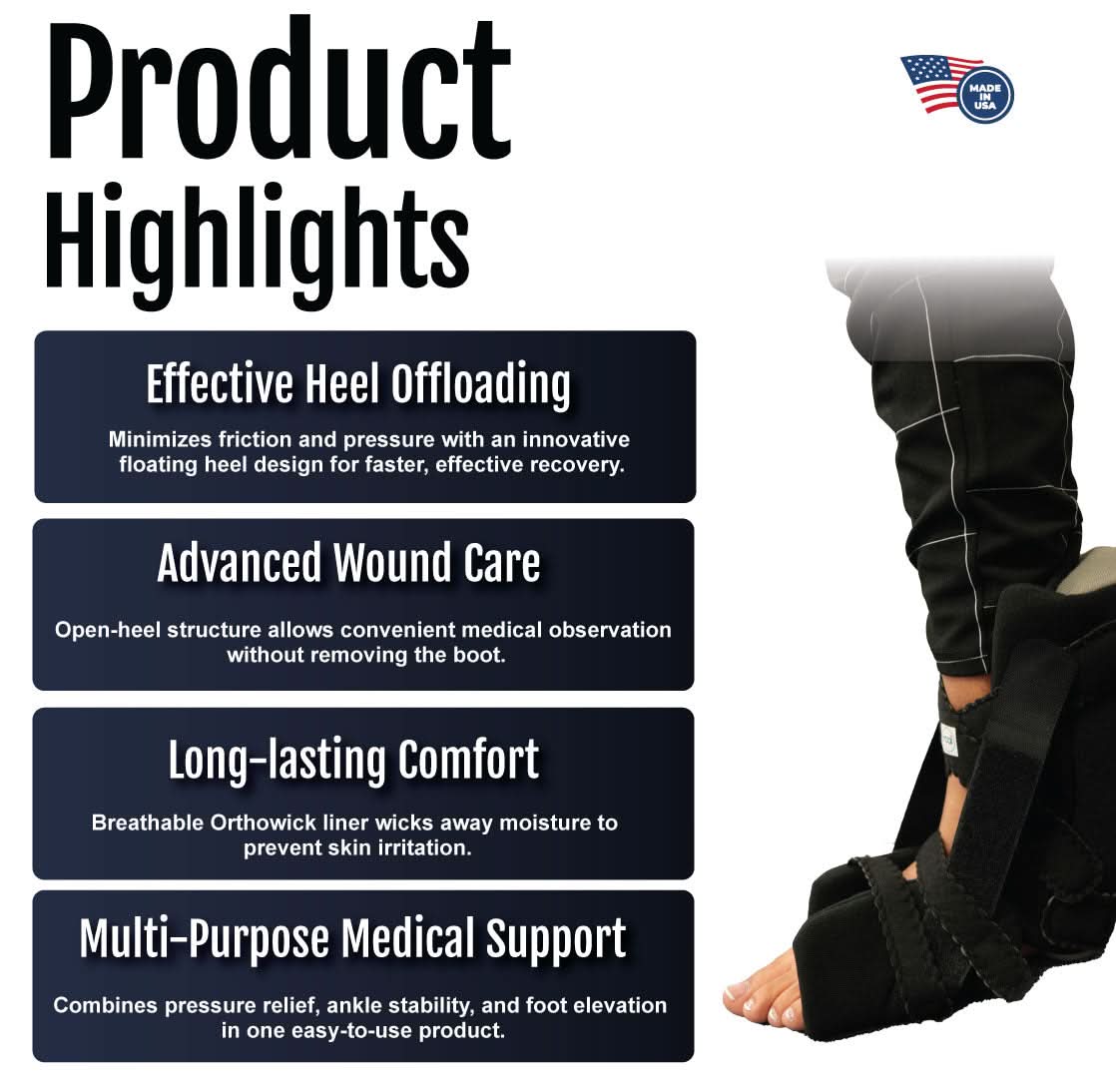 Soft Heel Suspension Boot info card with USA flag highlighting made in the USA, features effective heel offloading, advanced .