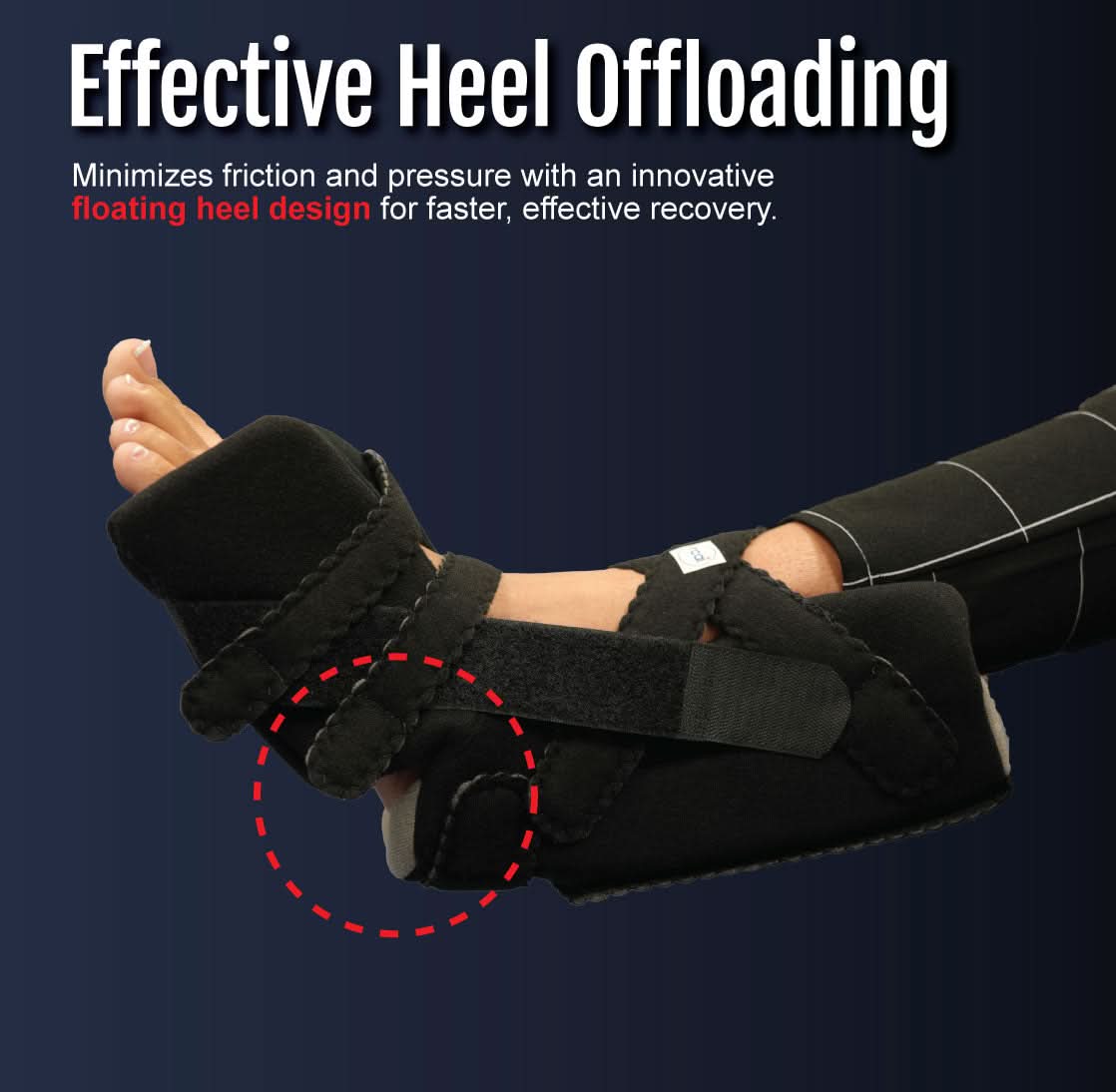 Black Soft Heel Suspension Boot on leg with adjustable straps and elevated heel design for effective offloading, made in the .