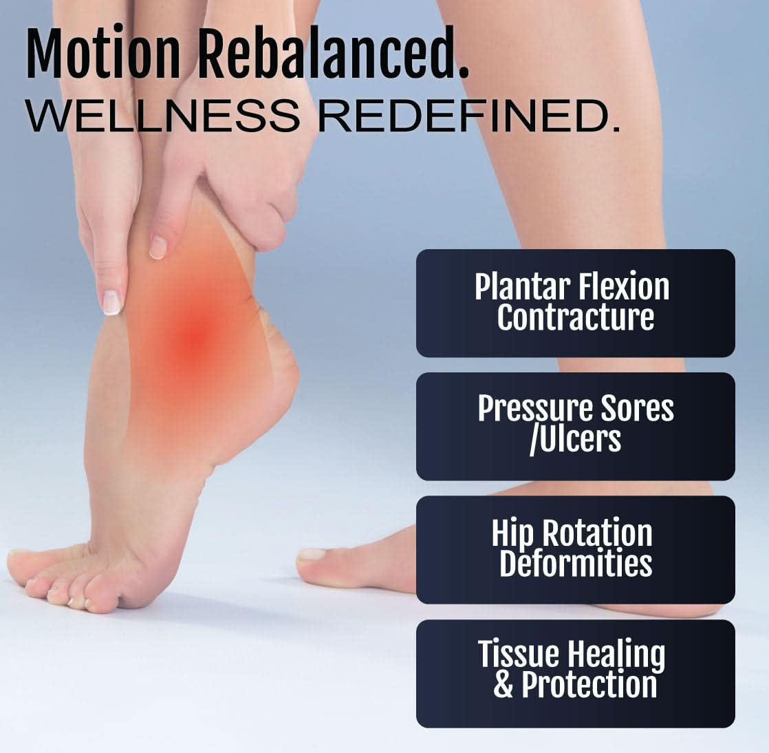 RCAI Multi Podus® Orthosis on foot highlighting heel and ankle support with text about plantar flexion contracture, pressure .