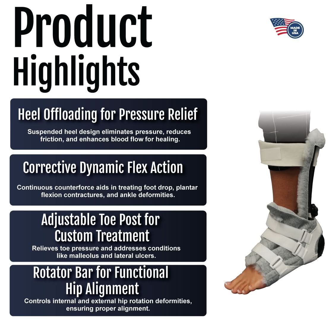 RCAI Multi Podus Orthosis highlighting heel offloading, corrective dynamic flex action, adjustable toe post, and rotator bar .
