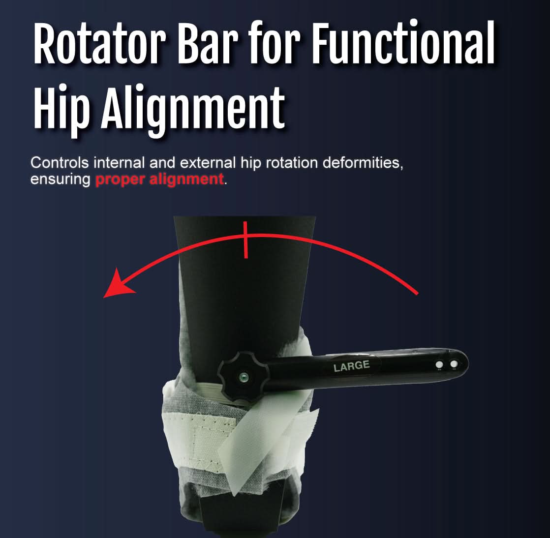 RCAI Multi Podus Orthosis in white and black with adjustable rotator bar labeled Large, showing hip alignment function, made .
