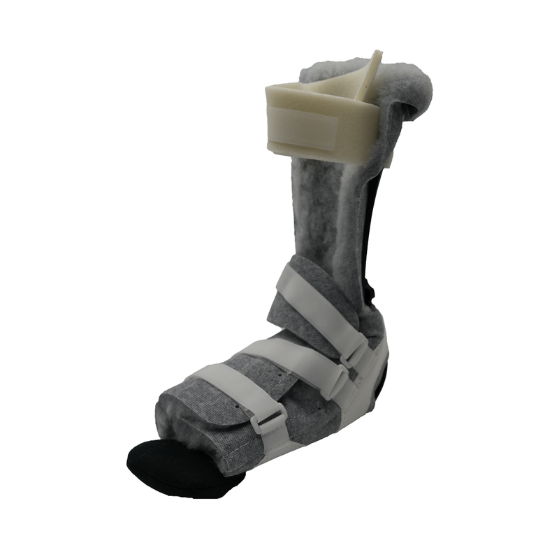 Gray foam RCAI Multi Podus orthotic boot with white adjustable straps, black sole, and beige plastic ankle support, made in.