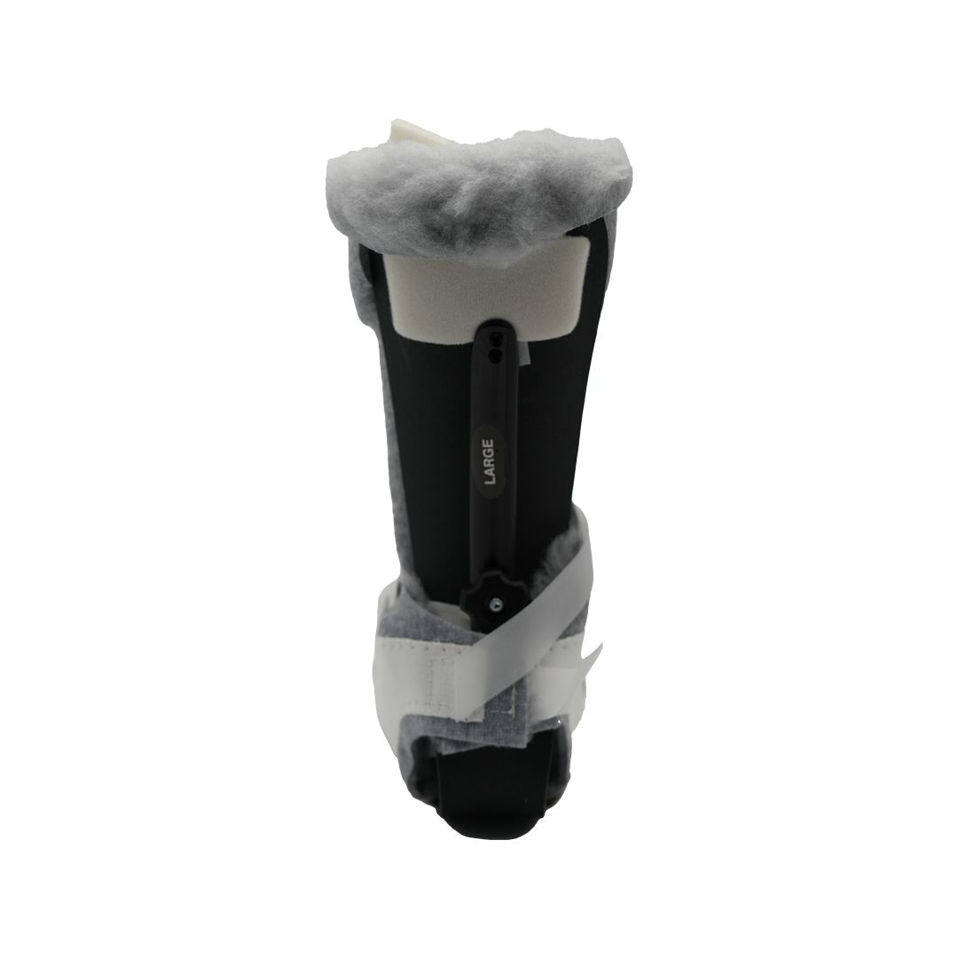 RCAI Multi Podus Orthosis in black and beige with plush gray lining, adjustable straps, metal support bar, made in the USA,.