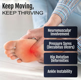 Bare foot held by hand showing red pain area on the ball, highlighting neuromuscular involvement, pressure sores, hip.