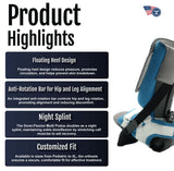 Dorsi-Flexion Multi Podus product highlights text with floating heel design, anti-rotation bar for hip and leg alignment,.