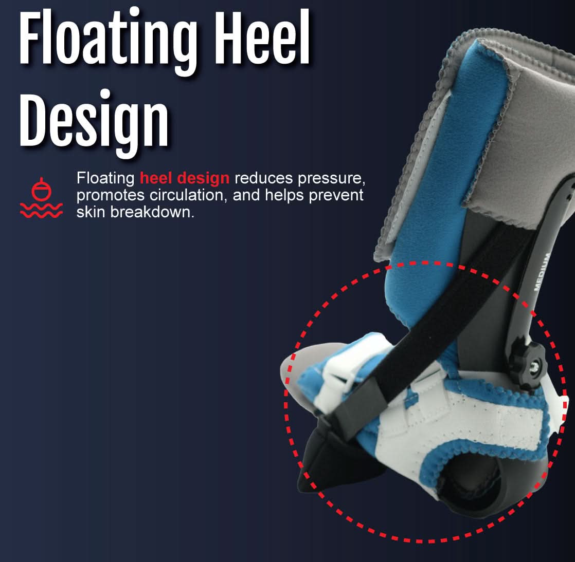 Blue and white Dorsi-Flexion Multi Podus brace with padded footplate and adjustable straps, made in the USA, featuring RCAI.