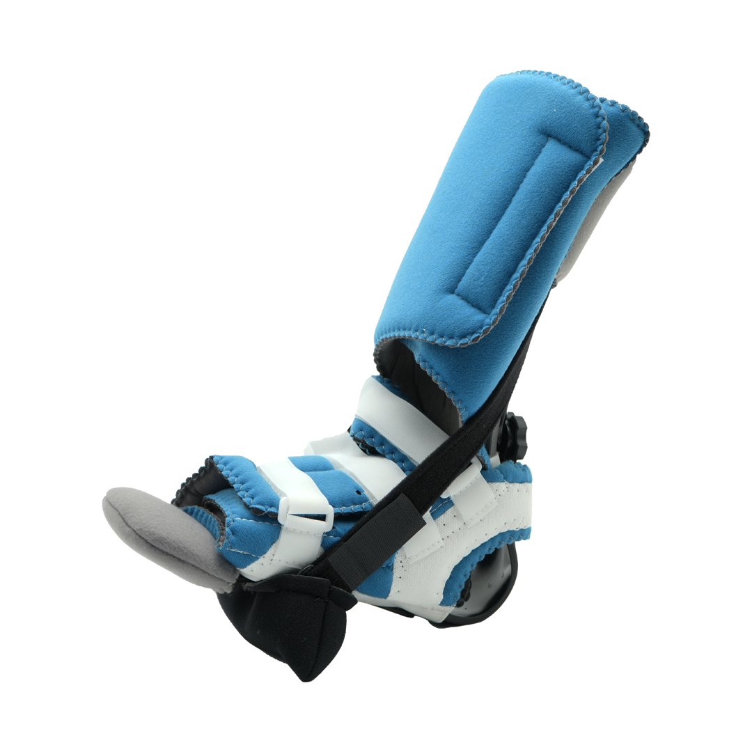Blue and white Dorsi-Flexion Multi Podus brace with padded footplate and adjustable straps, made in the USA, featuring RCAI.