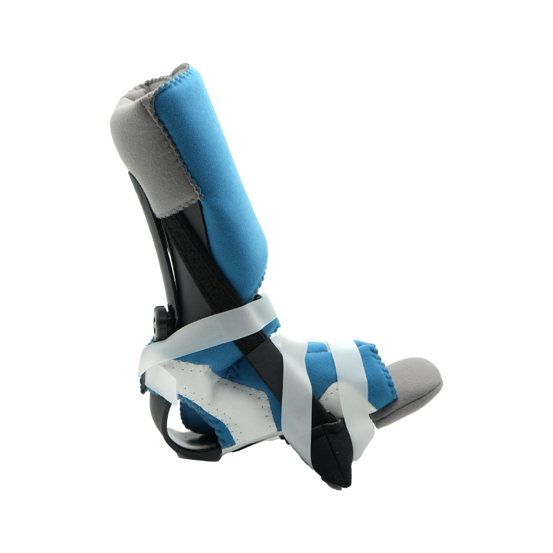 Blue and gray Dorsi-Flexion Multi Podus orthopedic brace with white straps, made in the USA, designed for pediatric to XL.