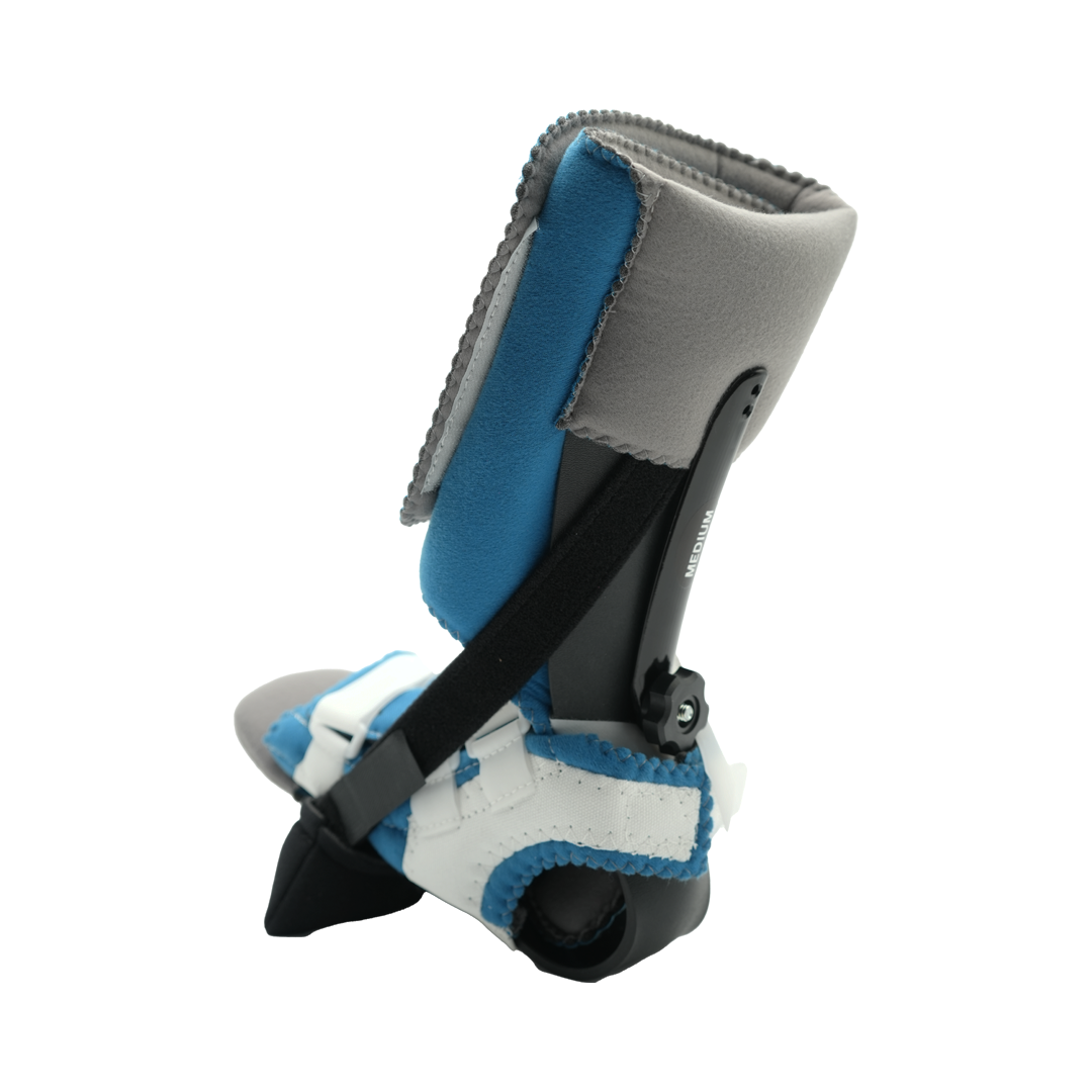 Pediatric size Dorsi-Flexion Multi Podus ankle brace with blue and gray padded support, black adjustable straps, designed.