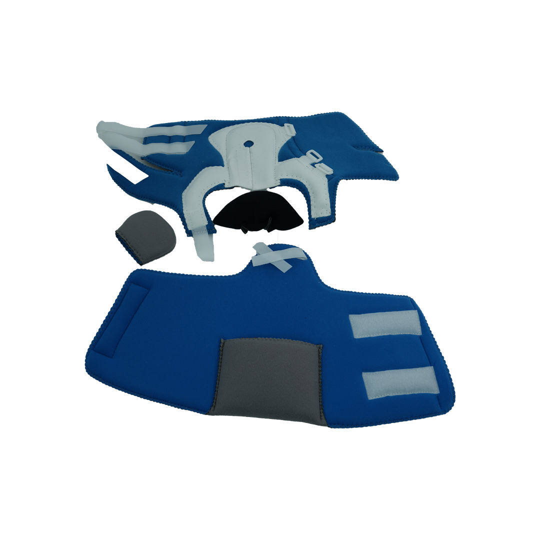 Blue and gray Dorsi-Flexion MPO Accessory Kit components for orthopedic braces, made in the USA, RCAI, ideal for B2B.