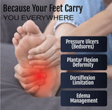 Person holding bare feet with red highlight on heel area, emphasizing foot care for pressure ulcers and deformities,.