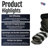 MPO Burn Unit box with product highlights showing heel offloading, adjustable strapping, lightweight durable design,.