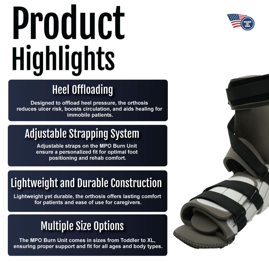 MPO Burn Unit box with product highlights showing heel offloading, adjustable strapping, lightweight durable design,.