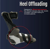 Black and gray MPO Burn Unit heel offloading brace with adjustable straps, designed for heel pressure relief, made in the.