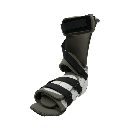 Black and gray MPO Burn Unit orthopedic brace with multiple adjustable black straps, branded with RCAI, made in the USA,.
