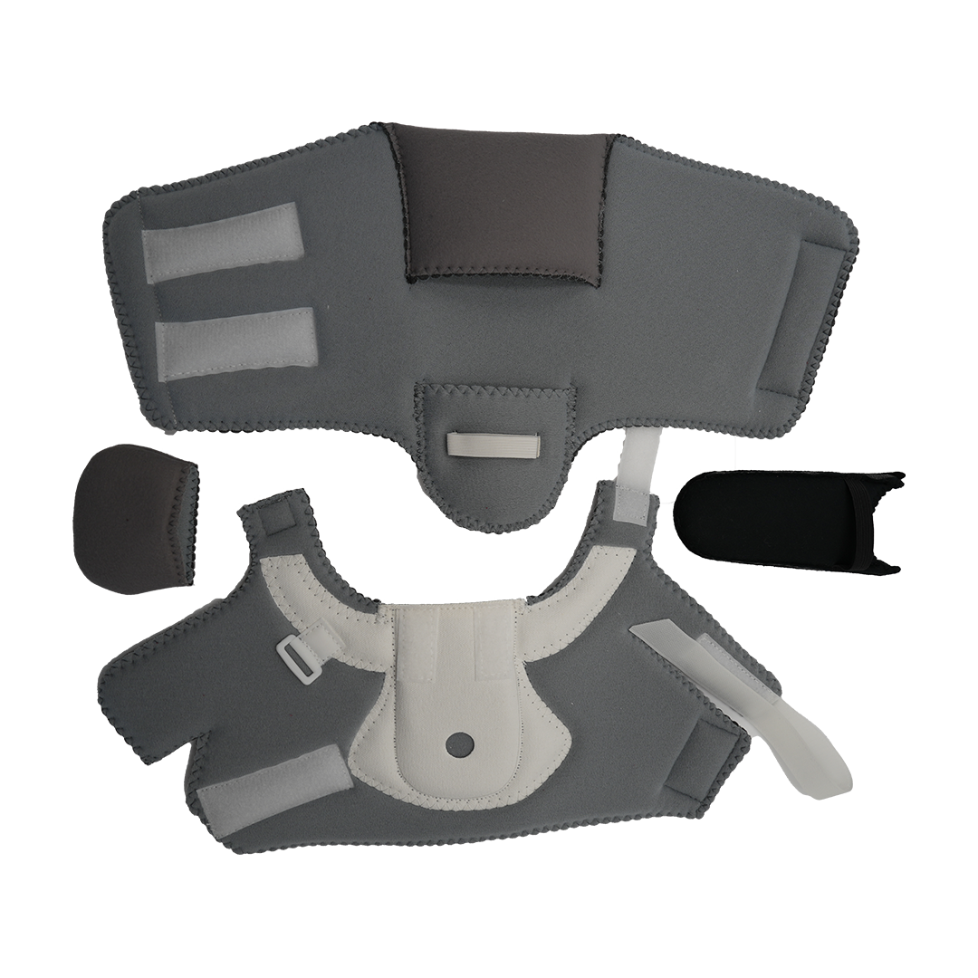 Gray and black Ankle Foot Orthosis accessory kit with adjustable straps and padded inserts, made in the USA, RCAI B2B.