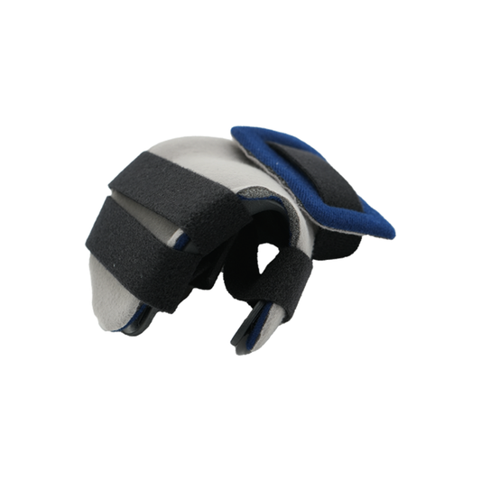 Gray and blue opponent hand orthosis with black adjustable straps, designed for comfort and enhanced hand functionality,.
