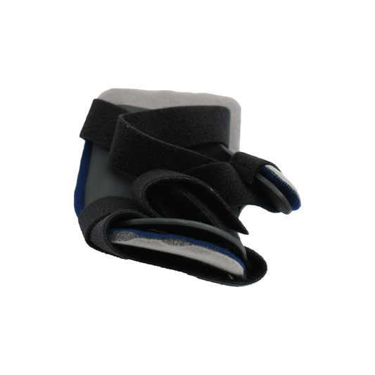 Black and blue RCAI Opponent Hand Orthosis with adjustable velcro straps, made in the USA, designed for best orthopedic.