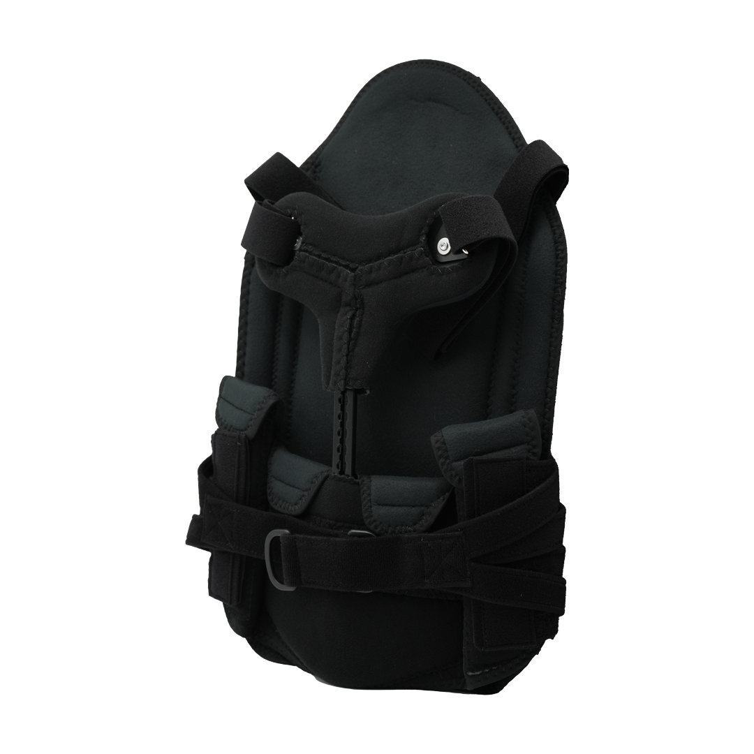 Black Short Front TLSO brace with adjustable straps and rigid support frame, made in the USA by RCAI, designed for best.