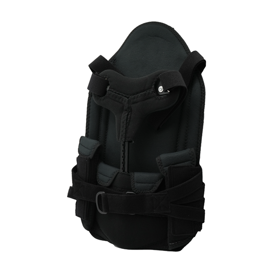 Black Short Front TLSO brace with adjustable straps and rigid support frame, made in the USA by RCAI, designed for best.