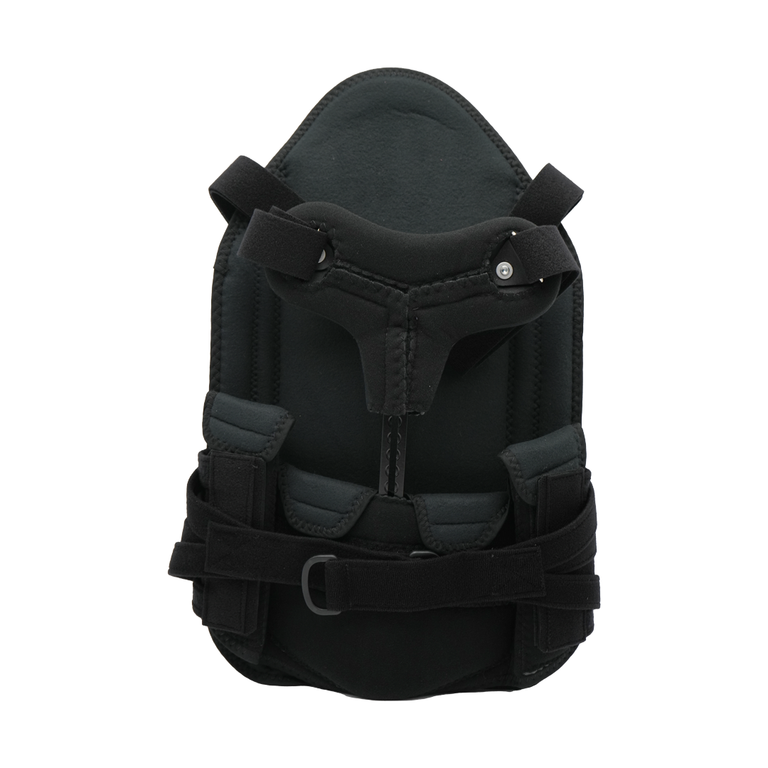Black Short Front TLSO orthopedic back brace with adjustable padded straps and metal support hinges, made in the USA, best.