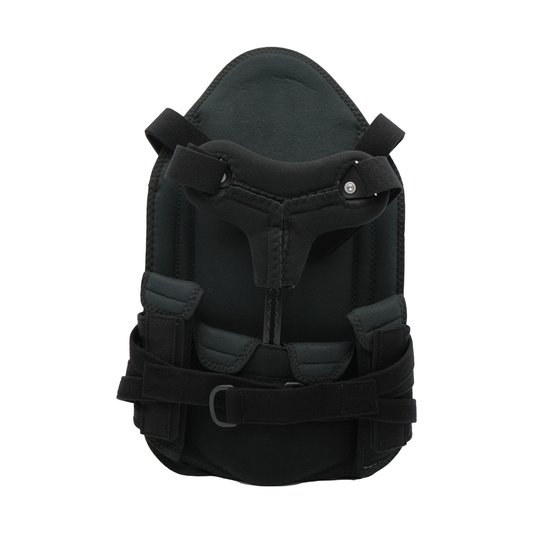 Black Short Front TLSO orthopedic back brace with adjustable padded straps and metal support hinges, made in the USA, best.