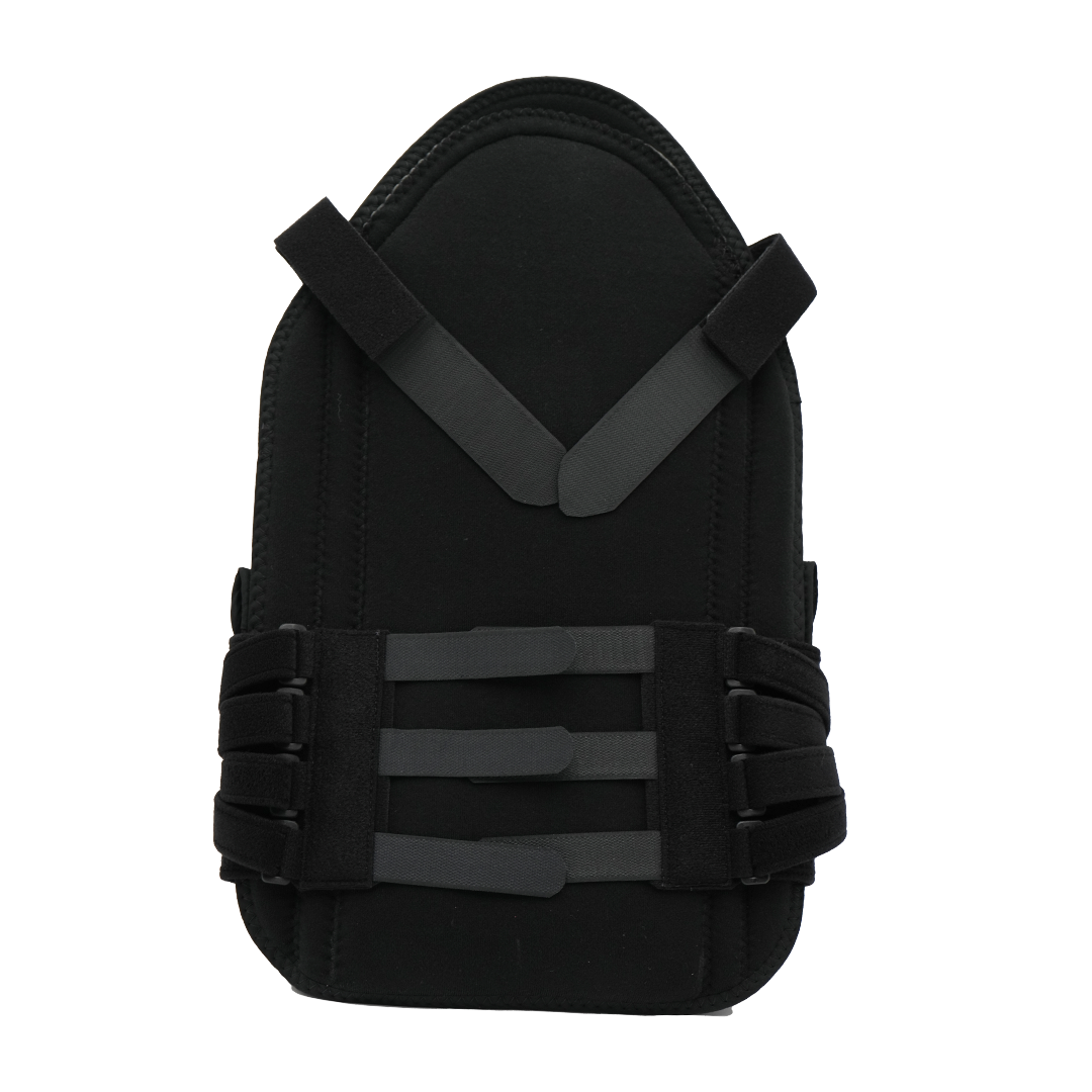Black short front TLSO brace with three horizontal adjustable straps and dual shoulder straps, made in the USA, best.