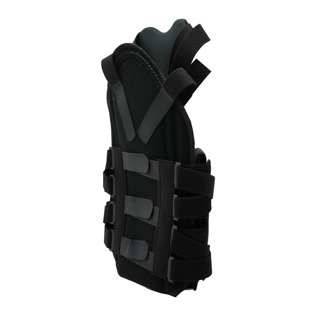 Black short front TLSO brace with adjustable Velcro straps and rigid side supports, made in the USA by RCAI, featured as a.