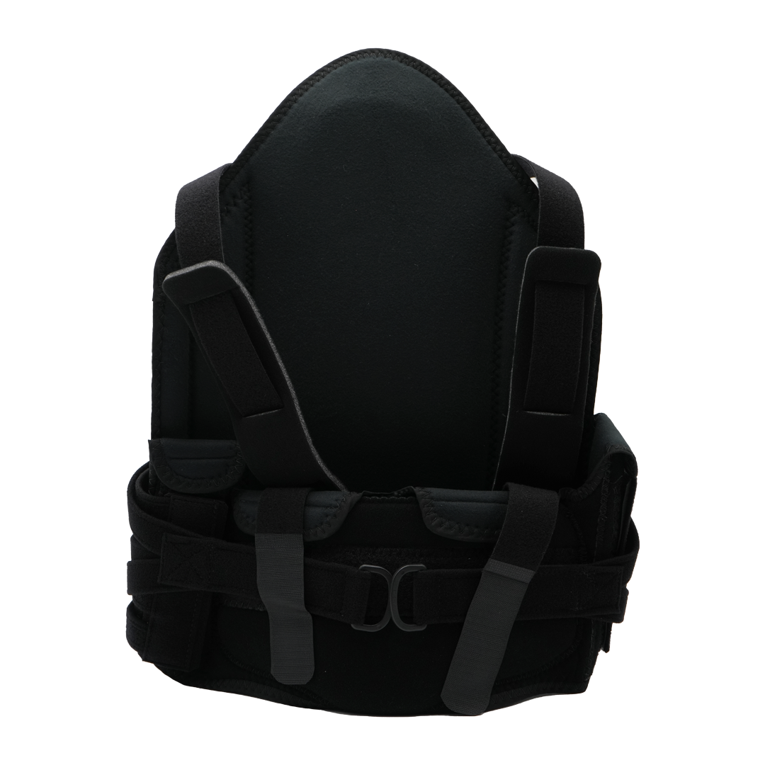 Black RCAI TLSO short front version orthopedic brace with adjustable straps and reinforced back support, made in the USA,.