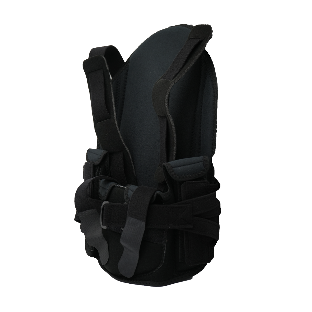 Black RCAI TLSO short front orthopedic brace with adjustable straps and molded lumbar support, made in the USA, best.